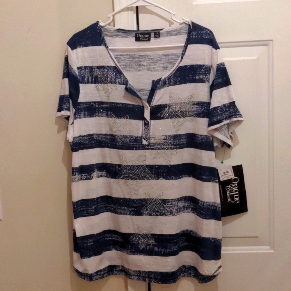 NWT Onque Casual Navy/White Patriotic Top w/Silver Studs and Rhinestones, 1X